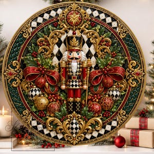 May include: A circular decorative wall plaque featuring a central nutcracker figure in a red and black uniform, surrounded by a gold filigree frame, holly leaves, red bows, and ornaments against a black and white diamond patterned background.