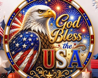 USA Patriotic Wreath Sign: American Eagle God Bless the USA Metal Welcome Decor