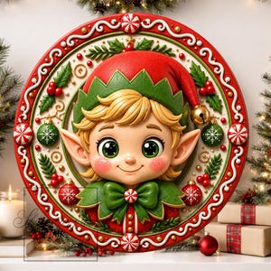 May include: A festive Christmas elf decoration. The round ornament features a smiling elf with a red hat and green collar. The border is red with white accents, candy canes, and holly. The background includes Christmas trees and lights.