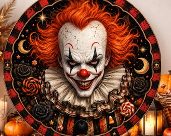 May include: A circular wall sign featuring a central illustration of a clown with bright orange hair, a white face, and a red nose. The clown wears a ruffled collar. The border is a red and black striped pattern with small pumpkin icons.