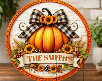 Letrero redondo de metal personalizado con forma de calabaza: decoración de corona de metal estilo granja con lazo de girasoles