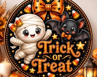 Rond bord Halloween Trick Or Treat mummie vleermuis: metalen welkomstkrans
