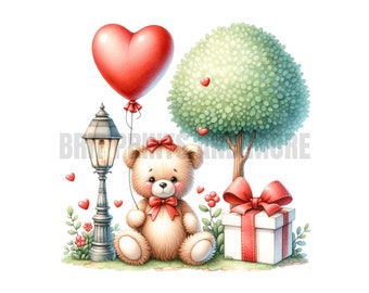 Valentine Teddy Bear Watercolor PNG, Bunny Love Clip Art, Cute Teddy Bear Sublimation, Instant Digital Download,  Valentine Teddy Bear