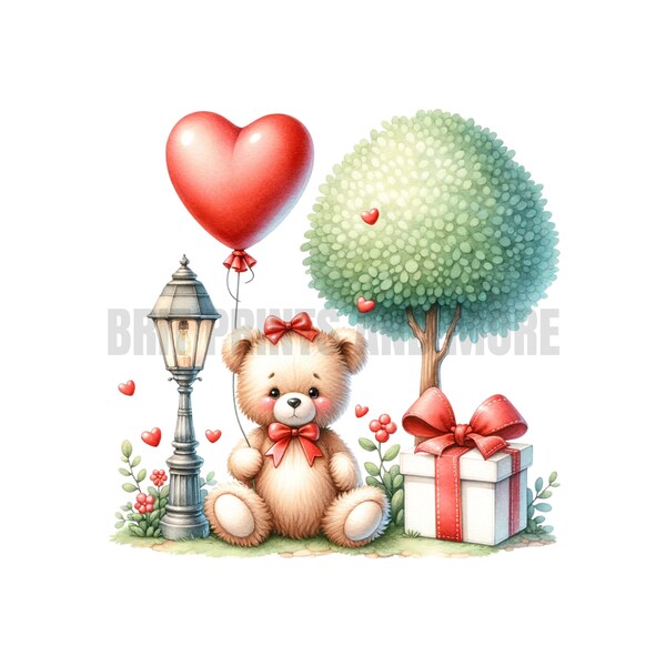 Valentine Teddy Bear Watercolor PNG, Bunny Love Clip Art, Cute Teddy Bear Sublimation, Instant Digital Download,  Valentine Teddy Bear