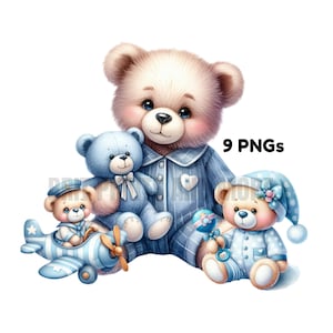 Blue Teddy Bear Clipart: Pilot, Balloons, Baby Shower (9 PNGs Digital Download)