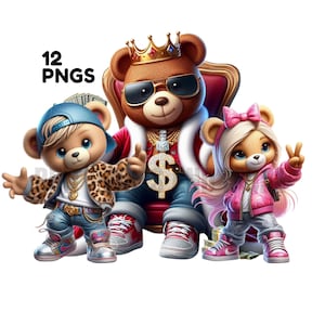 Lindos osos de peluche Hip Hop 12 PNG, Cool Girl Teddies Clip Art, Cool Boy Teddies Sublimación, Descarga digital, Osos de peluche de moda