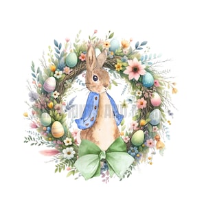 May include: A watercolor illustration of a brown bunny wearing a blue jacket and a green bow, surrounded by a wreath of flowers and colorful Easter eggs.