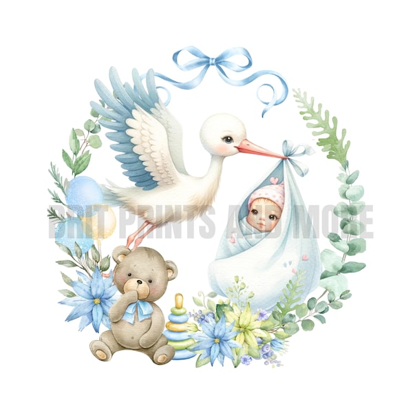 Blue Baby Stork PNG, Baby Birth Clip Art  Clip Art, Stork Wreath Sublimation, Instant Digital Download, Cute Baby and Stork