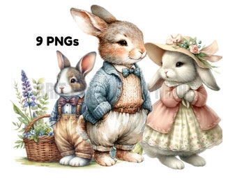 Vintage Bunny Set, 9 Individual PNG, Beatrix Potter Style Clip Art, Spring Rabbit Sublimation, Instant Digital Download