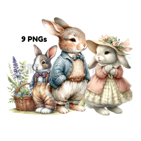 Vintage Bunny Set, 9 Individual PNG, Beatrix Potter Style Clip Art, Spring Rabbit Sublimation, Instant Digital Download