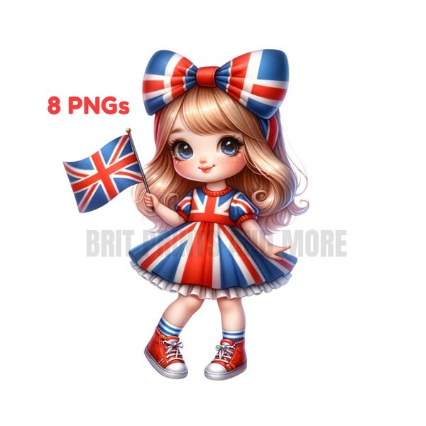 British London Set of 8 PNG, Union Jack Cute Girl Clip Art, British Boy Sublimation, Instant Digital Download, London Bus and Phone Box