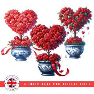 Valentine Heart Topiary, 3 PNGs, Chinoiserie Tree Clip Art, Toile Sublimation, Instant Digital Download, Cute Delft Pattern Valentine