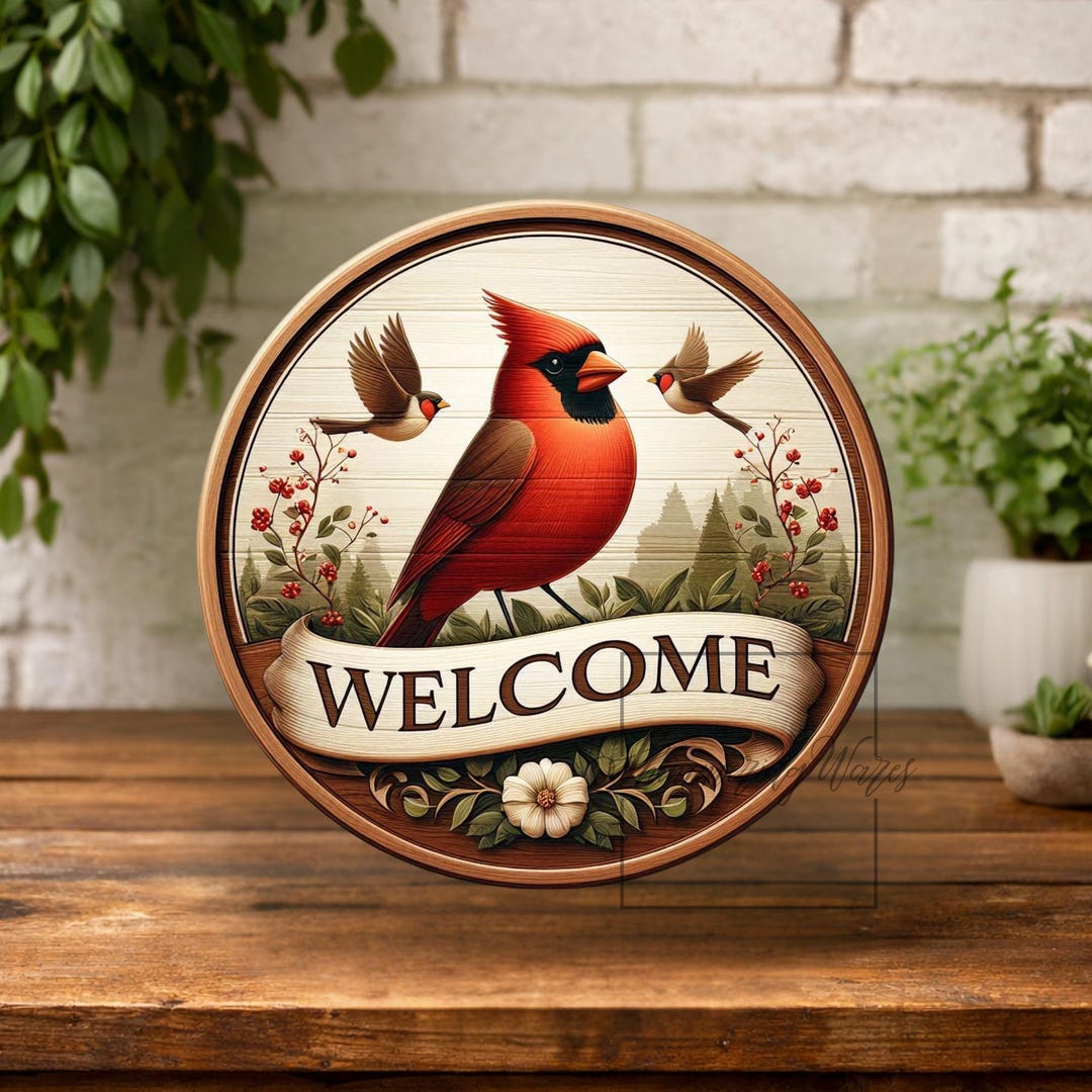 Cardinal Welcome Sign: Metal Wreath Round Bird Sign - Etsy