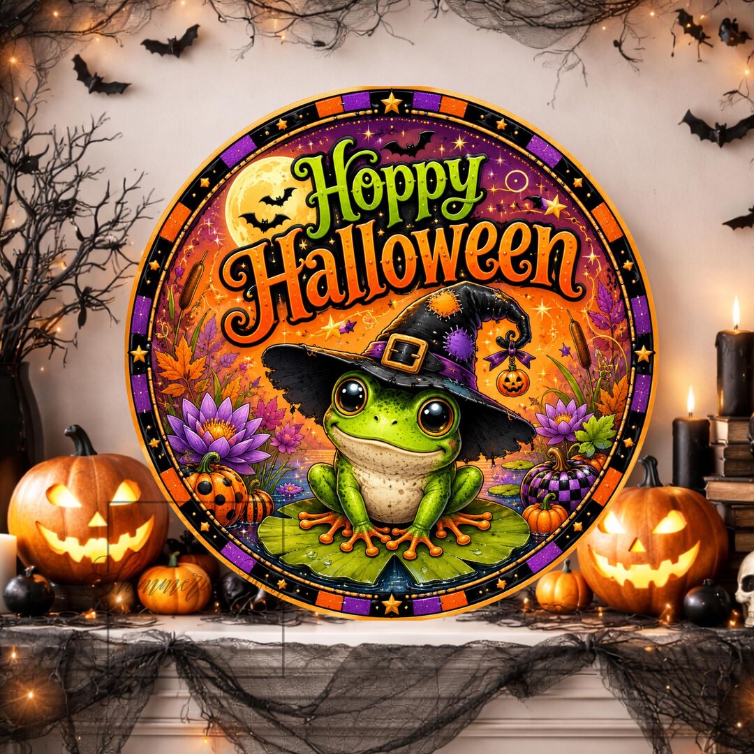 Hoppy Halloween Toad Round Sign: Witch and Pumpkins Metal Wreath Decor ...