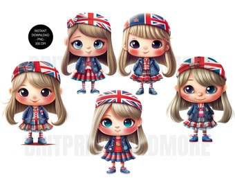 British Girls Watercolor PNG, Union Jack Cute Girl Day Clip Art, British Girl Sublimation, Instant Digital Download