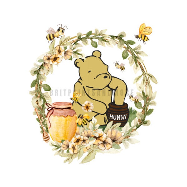 Classic Winnie-the-pooh Bee Wreath Watercolor PNG, Classic-Pooh Scene Clip Art, Classic-Pooh Sublimation, Instant Digital Download