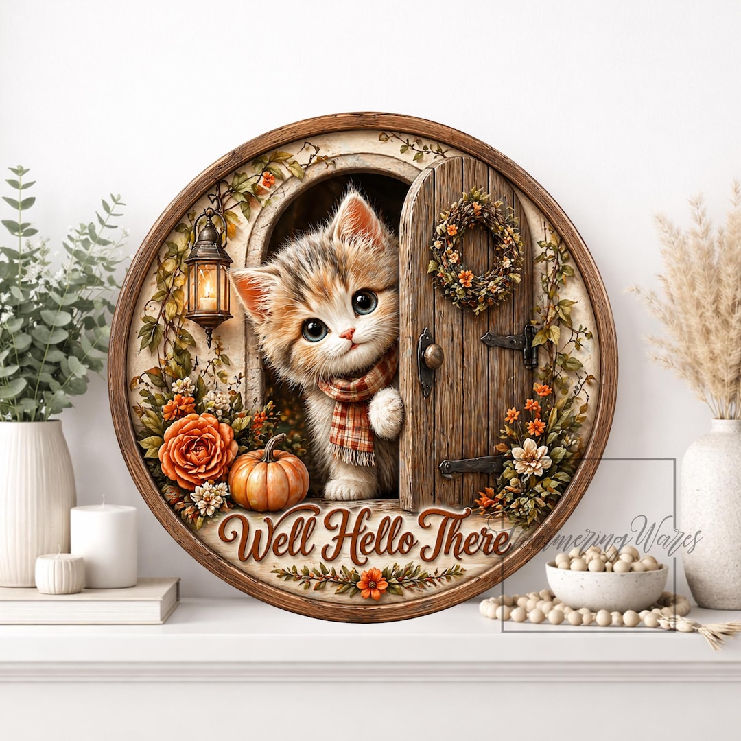 Round Cat Welcome Sign: Autumn Floral Aluminum Wall Art (8