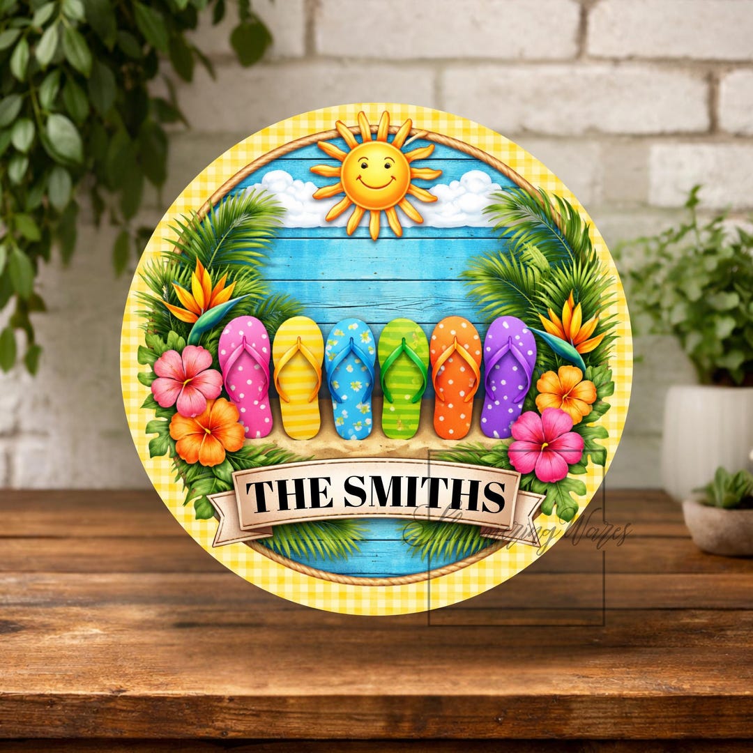 Personalized Flip Flop Summer Wreath Sign , Round Metal Decor - Etsy