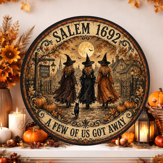 Salem Witch Halloween Fall Round Sign: Aluminum Metal Wreath Decor