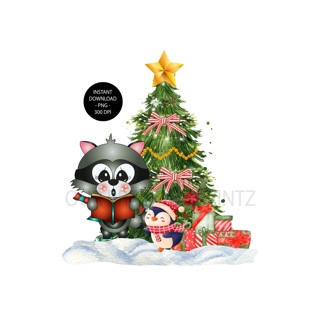 Cute Racoon Christmas Tree Scene PNG Penguin Red Poinsettia Etsy
