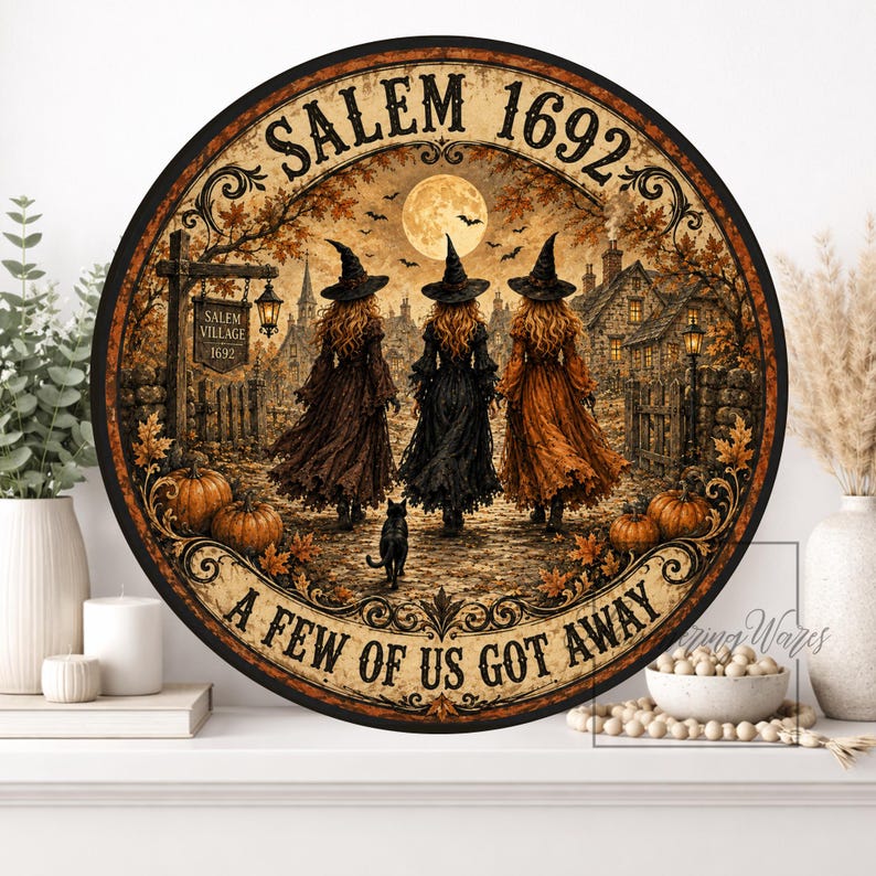May include: A round wall sign featuring a scene of three witches in pointed hats walking toward a village under a full moon. The text reads SALEM 1692 and A FEW OF US GOT AWAY. The image includes pumpkins, a black cat, and autumn leaves.