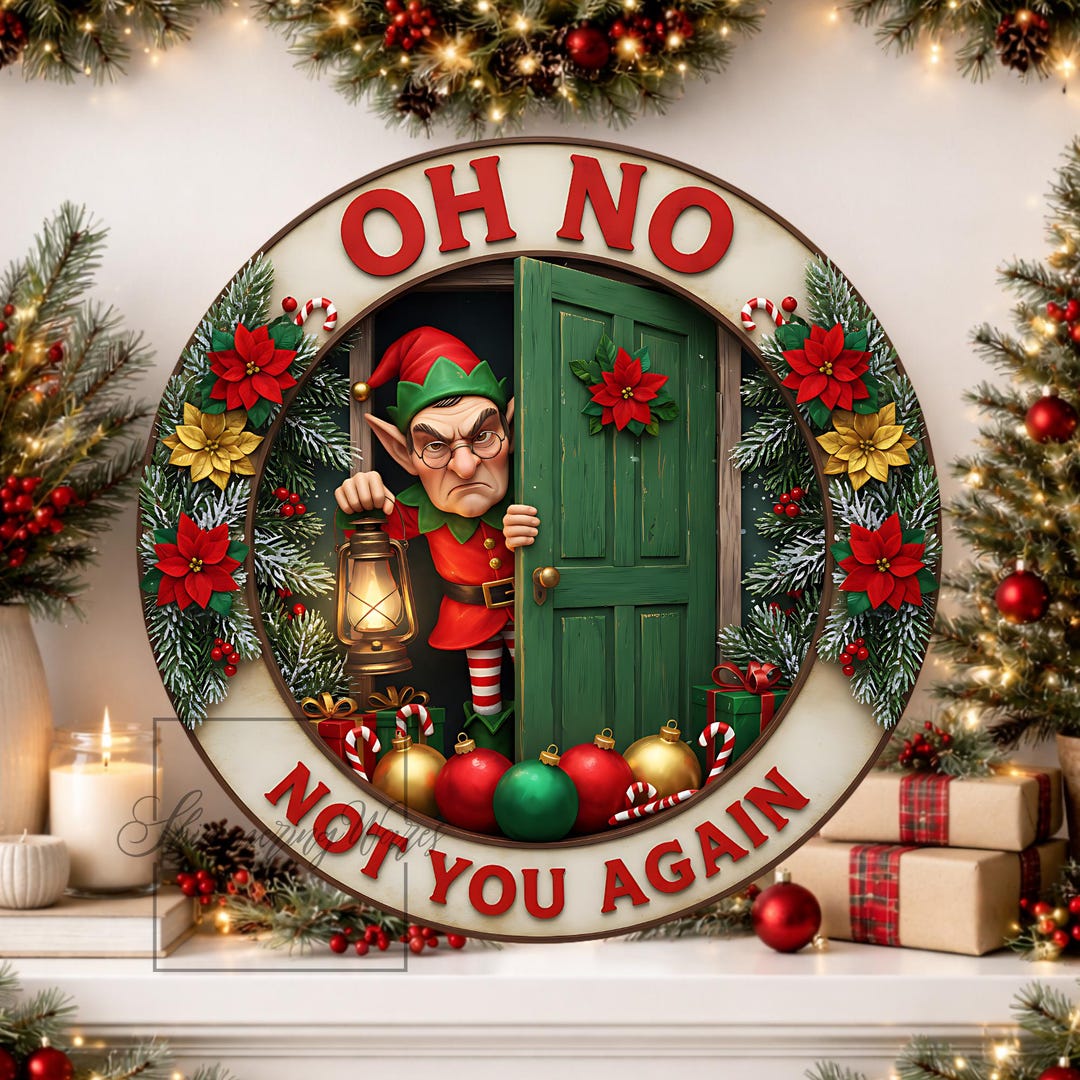 Funny Grumpy Elf Welcome Round Metal Round Sign: Christmas Wreath ...