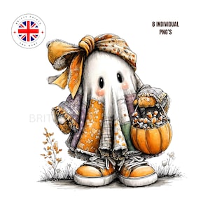 May include: A whimsical illustration of a ghost character in a patchwork outfit, wearing orange sneakers and a patterned headscarf. The ghost carries a pumpkin-shaped basket filled with treats. The image includes the text "8 Individual PNG's".