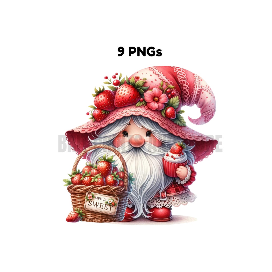 Set of 9 Strawberry Gnomes PNG, Cupcake Gnome Clip Art, Strawberry