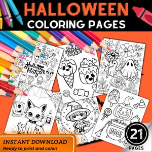 May include: A set of 21 printable Halloween coloring pages featuring various spooky and cute characters, including ghosts, pumpkins, witches, and a cat. The pages are black and white and ready to be colored.