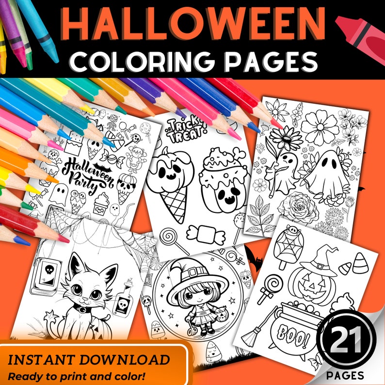 May include: A set of 21 printable Halloween coloring pages featuring various spooky and cute characters, including ghosts, pumpkins, witches, and a cat. The pages are black and white and ready to be colored.