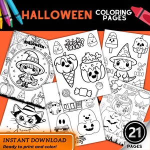 May include: A set of 21 printable Halloween coloring pages featuring cute characters and spooky scenes. The pages include a witch, a cat, a ghost, a pumpkin, and candy.