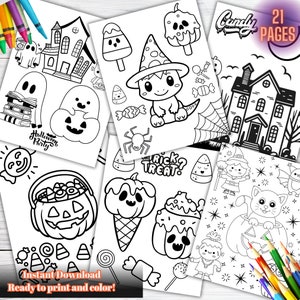 May include: A set of 21 printable Halloween coloring pages featuring cute and spooky characters, including ghosts, pumpkins, candy, and a witch's hat. The pages are ready to print and color.