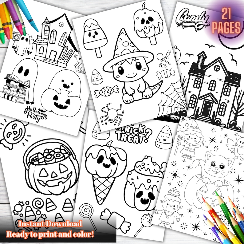 May include: A set of 21 printable Halloween coloring pages featuring cute and spooky characters, including ghosts, pumpkins, candy, and a witch's hat. The pages are ready to print and color.