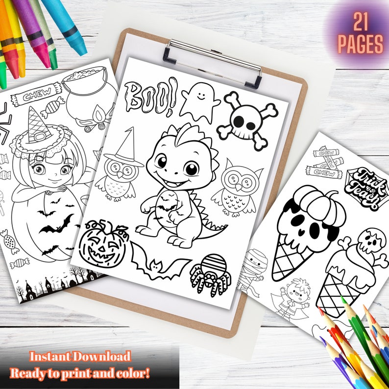 May include: A set of 21 printable Halloween coloring pages featuring various spooky and cute characters, including a witch, a dragon, an owl, a ghost, a skull and crossbones, a spider, a mummy, and ice cream cones with skulls. The pages are ready to print and color.