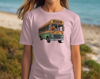 Camiseta de autobús feliz, camiseta de conductor de calabaza, camiseta de disfraz de Halloween, camiseta de temporada espeluznante, ropa de otoño, diseño de autobús retro, camiseta festiva divertida