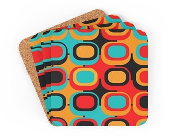 May include: Set of four coasters with a geometric pattern in shades of orange, red, blue, and black. The coasters are made of cork and have a square shape.