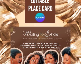 Könnte beinhalten: Ein editierbares Platzkartendesign mit dem Text "Waiting to Exhale" und dem Canva-Logo. Das Design zeigt einen braunen Hintergrund mit goldenen Blättern und Bildern von Frauen.