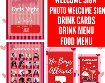 Valentine&#39;s Day Birthday Party Templates, Editable Galentine&#39;s Day Party Invite, Photo Welcome Sign, Restaurant Menu Card