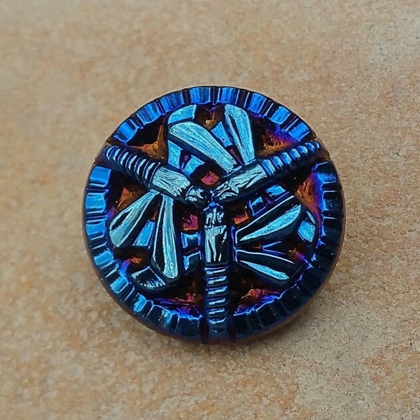 3 Dragonflies Button Czech Glass Black With Azuro Blue 18mm