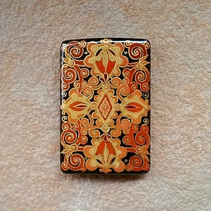 Pendentif en laque de Russie Art nouveau, motif doré peint à la main sur onyx, perle rare jaune orange, rectangle soufflé lisse de 30 mm