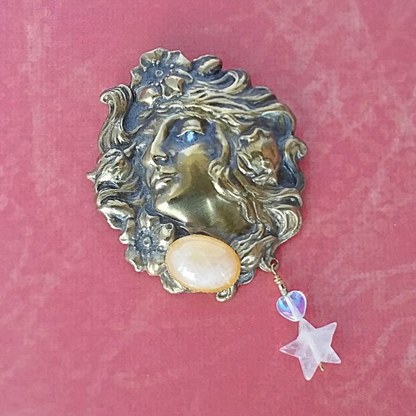 Vintage Mucha Art Nouveau Woman Romantic Brooch Pin With Rose Quartz Austrian Crystal Heart Star For DIY Jewelry Valentine's Gift