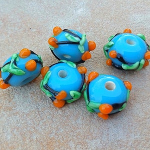 Blue Handmade Glass Lampwork Beads With Orange Black Green 8mm 5 Beads For DIY Jewelry Wine Glass Charms Bookmarks