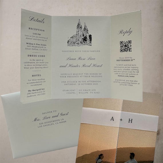 Gatefold Wedding Invitation Template, DIY Invite Template, Editable and Printable, Canva Invite Template with QR Code