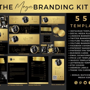 Kit di branding 550 MEGA, modelli Instagram dorati, banner per social media per tutte le piattaforme, carta intestata, fatture, listini prezzi, tema scuro