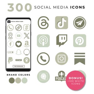 Könnte beinhalten: Grafik mit 300 Social-Media-Icons in Grüntönen, plus 100 weiße Icons als Bonus. Die Icons werden auf einem Smartphone und in einem Raster dargestellt. Der Text "SOCIAL MEDIA ICONS" ist ebenfalls enthalten.