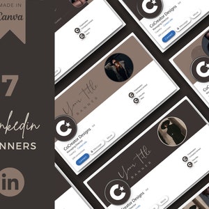 May include: Seven customizable LinkedIn banner templates with a brown and white color scheme. Each template features a circle with a star and the text "CoCreator Designs" and "Your Title Banner".
