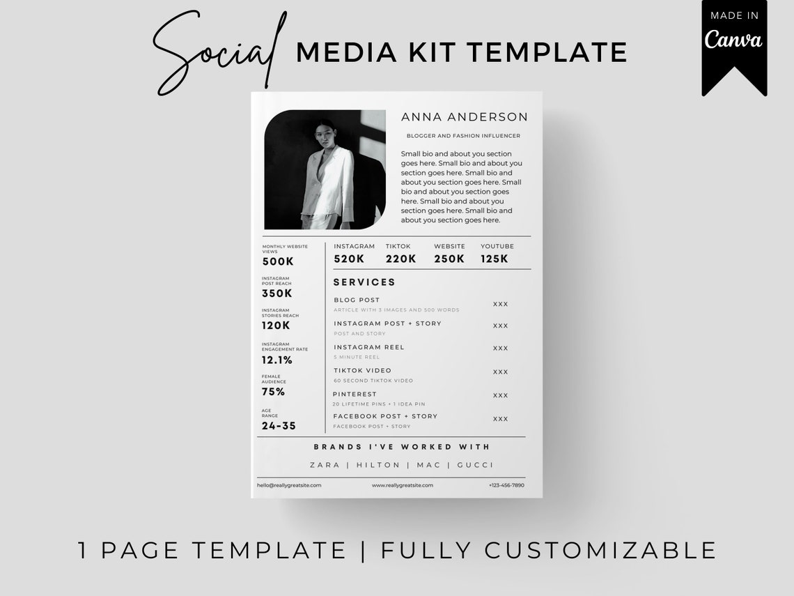 1 Page Media Kit Template, Canva Template, Blogger Media Kit, Instagram