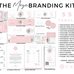 Kit di branding 550 MEGA, modelli Instagram rosa, banner per social media per tutte le piattaforme, carta intestata, fatture, listini prezzi, branding aziendale