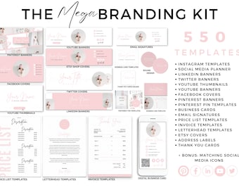 550 MEGA Branding Kit, Pink Instagram Templates, Social Media Banners for all Platforms, Letterheads, Invoices, Pricelists,Business Branding