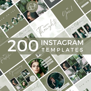 Op de afbeelding: Een collage van 200 Instagram-sjablonen met een groen-wit kleurenschema en tekstoverlays. De tekst bevat zinnen als "Blijf positief", "Nieuw op de blog", "Gelukkige gedachten", "Eigen je verhaal toe" en "Giveaway".